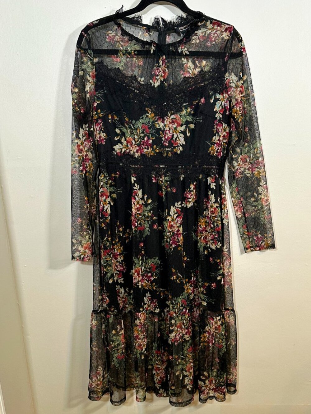 Forever 21 Dress Blk Floral Fairy Lace Mesh Festival Whimsigoth Indie Sheer Sz L - Picture 3 of 12